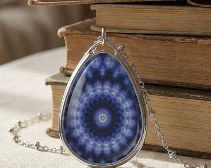Blue Mandala Fractal, Teardrop Oval Digital Art Necklace, Birthday Gift for Her Under 50 Dollars