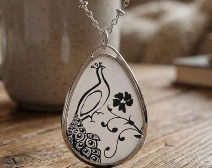 Elegant Peacock Wearable Art Teardrop Necklace, Romantic Jewelry for Women, Nature Inspired Design, Anniversary Present