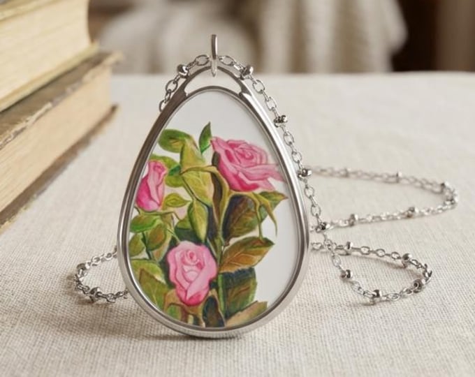 Pink Roses Romantic Style Wearable Art Necklace, Floral Charm Gift for Her Birthday, Mother's Day, Rose Lover Jewelry