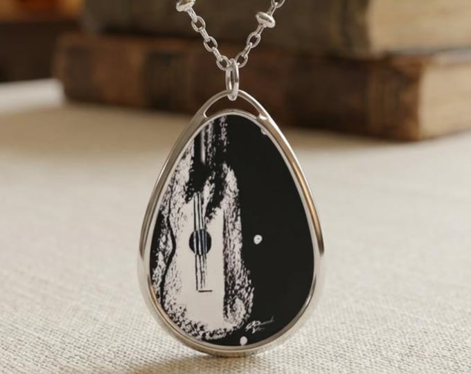 Guitar Art Pendant Necklace, Music Lover Jewelry, Teardrop Oval Charm, Musician Gift, Wearable Art, Hand Painted Art Print
