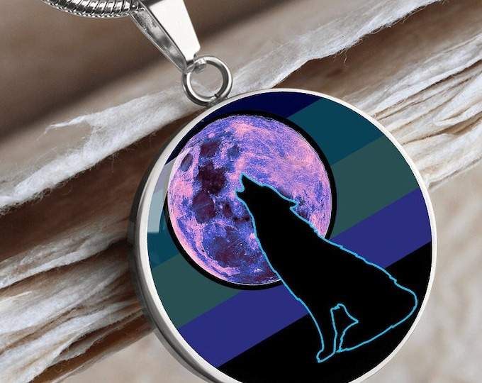 Personalized Wolf and Moon Wearable Art Necklace - Pendant Jewelry for Wolf Lovers, Unique Gift for Animal Lover, Nature Lover Accessories