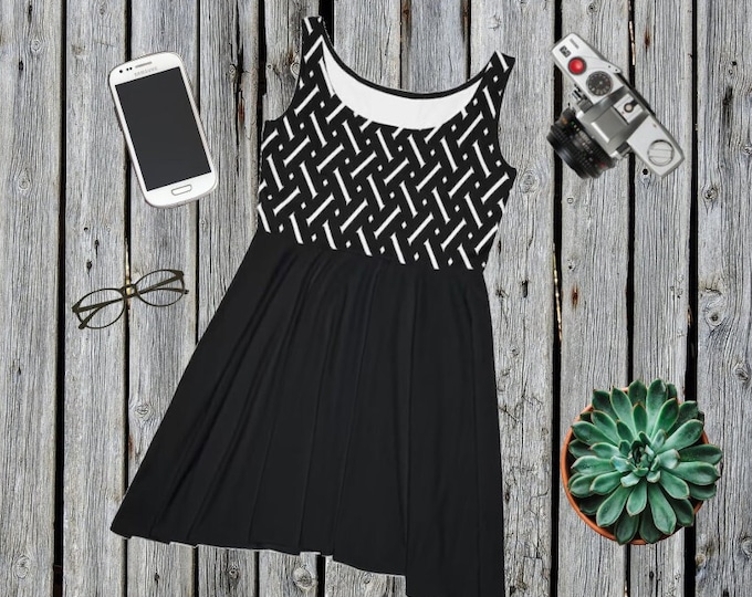 Black and White Herringbone Mini Dress, Sleeveless Scoop Neck Stretchy Summer Dress