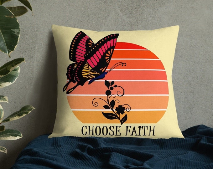 Contemporary Christian Throw Pillow, Farmhouse Style Decor, Cozy Inspirational Butterfly Sunset Sofa Cushion, God Gift For Housewarming