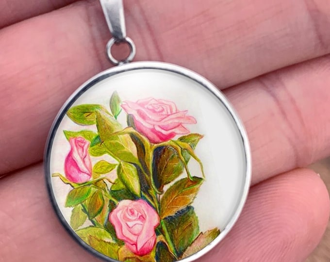 Personalization Mothers Day Rose Necklace Gift for Her, Rose Lover Floral Pendant Wearable Art Charm Necklace