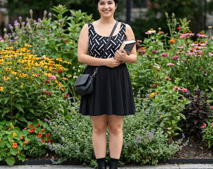 Black and White Herringbone Stretchy Skater Dress, Sleeveless Scoop Neck Flare, Above the Knee Dress