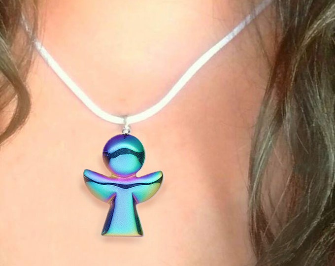Rainbow Hematite Necklace, Blue Hematite Angel, Hematite Pendant, Angel Jewelry