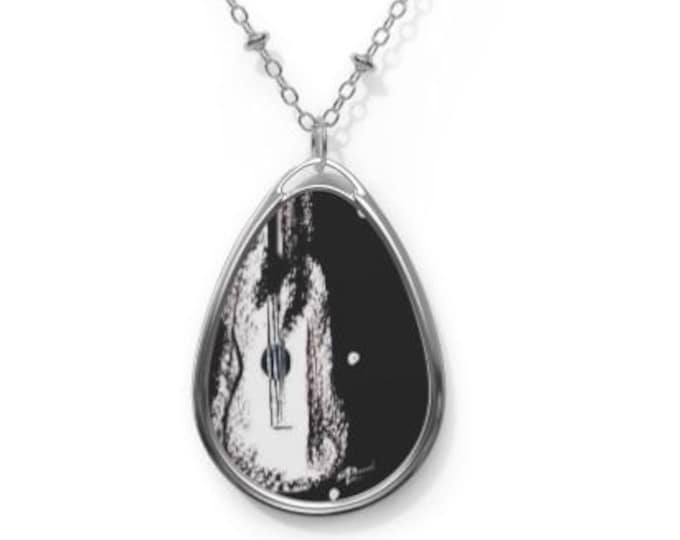Guitar Player Musician Gift Wearable Art Necklace, Music Lover Jewelry, Artist Design, Teardrop Oval Charm, Hand Painted Art Print