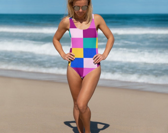 Color Block Checkered One Piece Swimsuit, Gymnastics Leotard, Bodysuit, 70s Bathing Suit