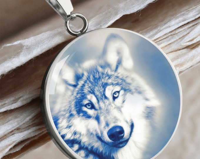 Personalized Wolf Necklace - Blue Wolf Pendant Wearable Art Jewelry for Nature Lovers | Unique Gift for Her & Him | Wolf Lover Accessory