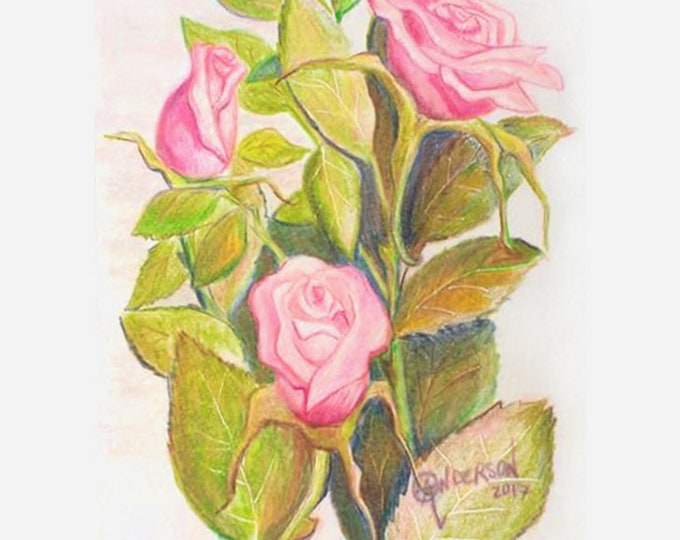 Floral Office Decor Wall Art, Kitchen Wall Art, Rose Garden Wall Art, Pink Roses, Colored Pencil Digital Print