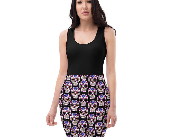 Goth Sugar Skull Fitted Bodycon, Black Stretch Mini Tank Pinup Pencil Dress, Casual Office Wear