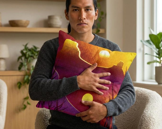 Faux Suede Sunset Throw Pillow, Earth Tones Home Decor, Golden Desert Housewarming Gift, Guest House Office Interior Sofa Cushion