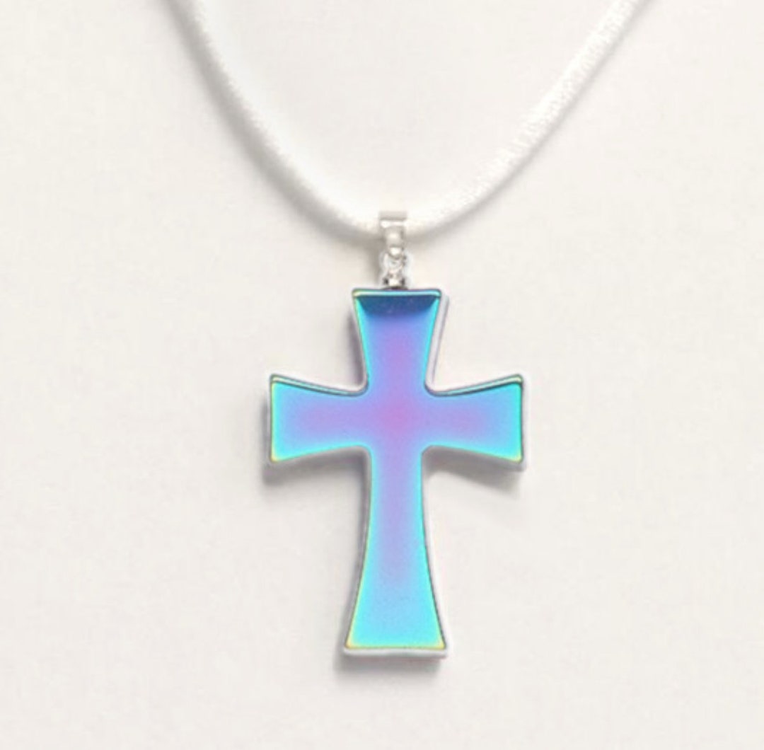 Rainbow Hematite Pendant Necklace Hematite Cross Necklace Blue Cross