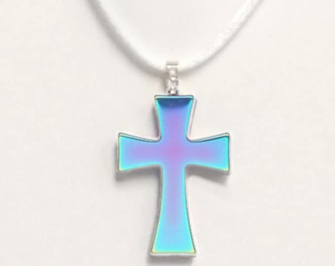 Rainbow Hematite Pendant Necklace - Hematite Cross Necklace - Blue Cross Pendant - Blue Cross Satin Cord Necklace - Faith Gift Necklace