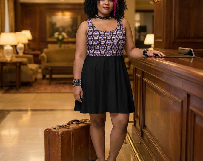 Alternative Clothing Sugar Skull Skater Dress, Scoop Neck Flared Mini Dress