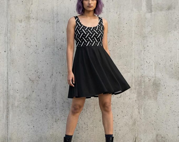 Alternative Clothing Skater Dress, Black White Herringbone Print, Stretchy Above the Knee Sleeveless Scoop Neck Dress
