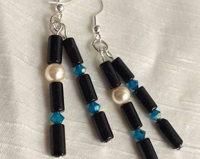 Black and Ocean Blue Crystal with Faux Pearl Dangle Earrings