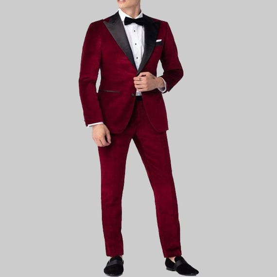Men's Burgundy Velvet Suit - Elegant Tuxedo Blazer for Prom, Black Tie & Formal Event