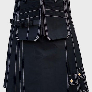 Black Working Utility Kilt for Men | Heavy-Duty Cotton Work Kilt with Cargo Pockets | Adjustable Functional Kilt for Outdoors or Trades
