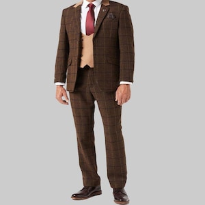 3 Piece Tweed Suit – Tan Herringbone Check for Men