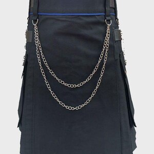 Black Modern Utility Kilt with Silver Chain & Cargo Pockets | Gothic Punk Streetwear Kilt for Men | Handmade Adjustable Cotton Kilt