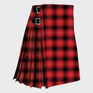 May include: A red and black tartan kilt with pleats. The kilt has a traditional plaid pattern with black squares and red stripes. Two silver buckles fasten the kilt at the waist. The kilt is made of a woven material.