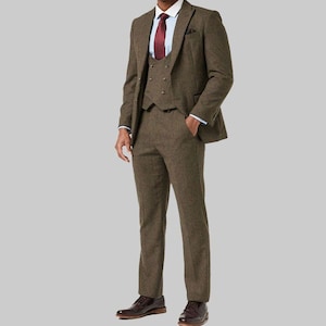 Houndstooth Brown Tweed Suit for Men – 3 Piece Classic Set