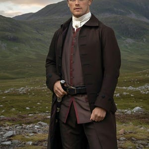 May include: A man in a dark brown coat, vest, and trousers, with a white neckerchief. The coat has large buttons and a long, flowing design. He is holding a decorative dagger. The background features a mountainous landscape.