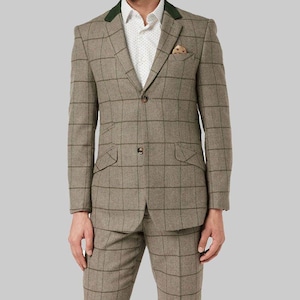 3 Piece Tweed Suit – Beige Herringbone Check for Men