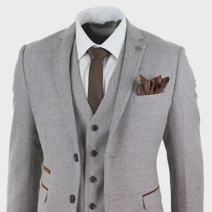 Mens 3 Piece Tweed Check Suit Cream
