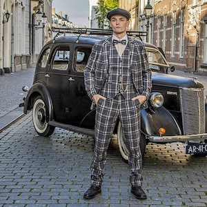 Men&#39;s tailored suit | 3-piece suit | grey/cream Windowpane | Jeremiah Jesus | Peaky Blinders