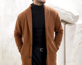 80s Caramel Brown Cashmere Coat Men, Vintage Wool Coat Men, Mens