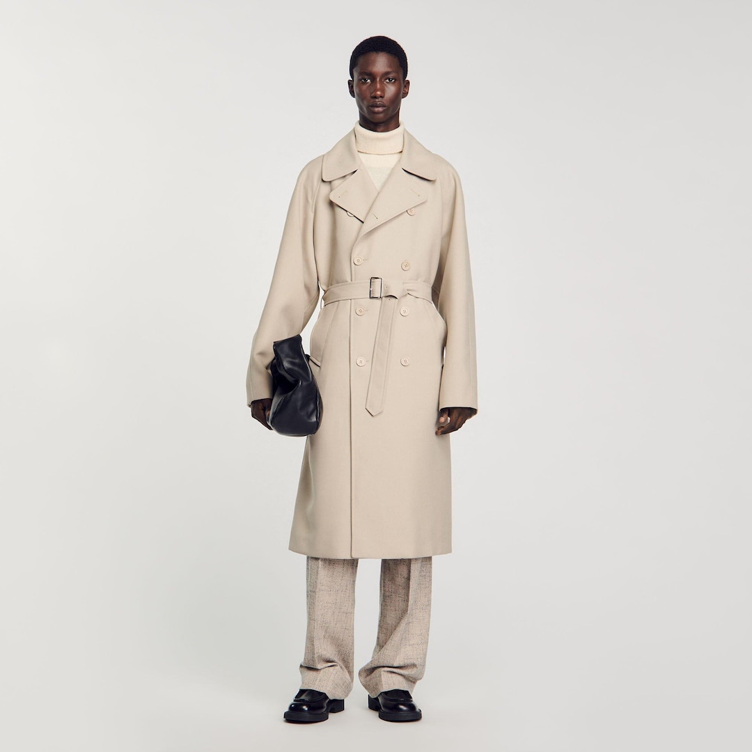 メンズ用ロングトレンチコート SANDRO ベージュ ツイード ロングコート 