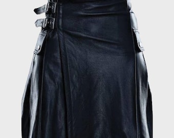 Stylish Modern Pure Black Leather Kilt – Handmade Gothic Punk Utility Skirt for Men