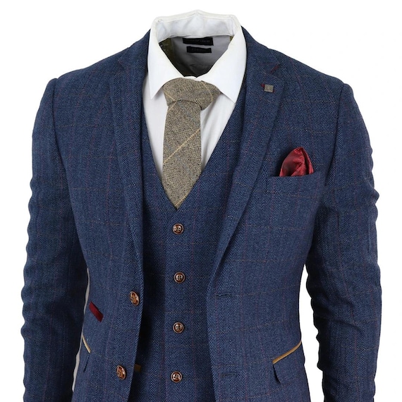 Scott Men's Blue 3-piece Tweed Check Suit Vintage Style Wedding