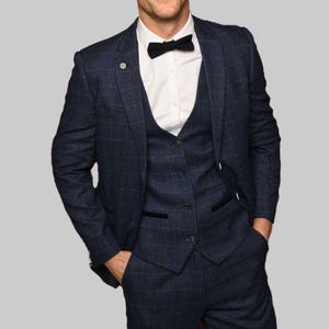 Vintage Indigo Check Tweed Suit for Men | 3-Piece Peaky Blinders Style Wedding Suit | Retro Gatsby Formal Outfit