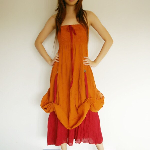 Two tone Halter Strapless Cotton Dress 2 Style - Orange , Red