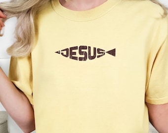 Camiseta desgastada con el pez de Jesús – Colores cómodos – Camiseta cristiana vintage