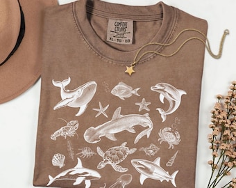 Camiseta vintage de animales marinos – Camiseta con colores cómodos – Gráfico retro de vida marina
