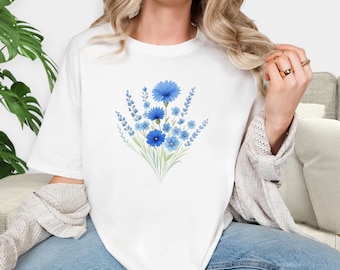 Camisa con ramo de flores silvestres azules – Colores cómodos – Estilo campestre cottagecore