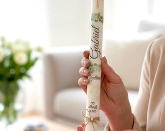 Cierge personnalisée feuilles d'eucalyptus  / prénom et date | Bougie baptême communion | Cadeau baptême | Souvenir baptême | Baptism candle