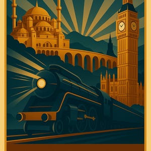 May include: A vintage travel poster with a blue, green, and gold colour scheme. The poster features a train, a mosque, and Big Ben. The text on the poster reads "Orient Express".