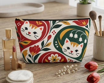 Retro Folk Cat Cosmetic Bag, Tulip Floral Makeup Pouch, Forest Green Botanical Zipper Bag with Whimsical Cat Faces