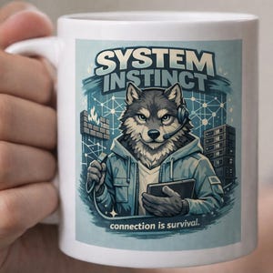 May include: White ceramic mug featuring a wolf character wearing a headset and holding a tablet. The mug has the words "SYSTEM INSTINCT" and "connection is survival" printed on it, with a blue and white tech-themed background.