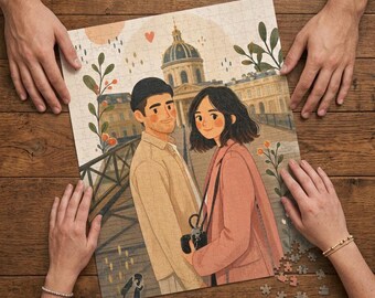 Personalized Couple Puzzle, Custom Wedding Photo Jigsaw, Illustrated Anniversary Keepsake, Newlywed Gift, Romantic Couple Portrait