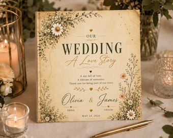 Personalized Vintage Look Wedding Guest Book, Rustic Floral Wedding Wishes & Advice Book, Custom Bride Groom Memory Keepsake, Names Date