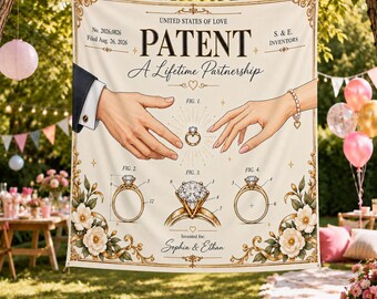 Personalized Wedding Patent Wall Tapestry, Custom Couple Hands & Engagement Ring Patent Art, Bride Groom Names, Unique Engagement Gift