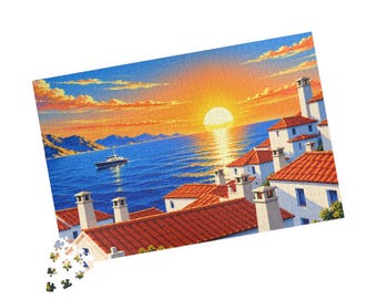 Mediterranean Coastal Village Puzzle, Seaside Sunset Jigsaw, Greek Island Scenery, Ocean View Home Decor, Travel Lover Puzzle