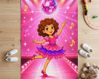 Girls Dance Floor Rug, Pink Disco Dancer Area Rug, Ballet & Dance Room Decor, Music Stage Playroom Mat, Gift for Little Dancers