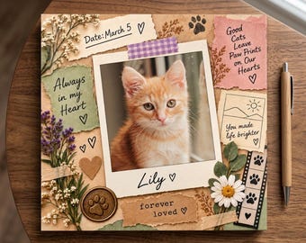 Personalized Cat Memory Scrapbook, Custom Pet Photo & Name Journal, Floral Paw Print Keepsake Book with Designed Pages